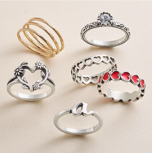 sterling silver flower, heart, and gemstone rings